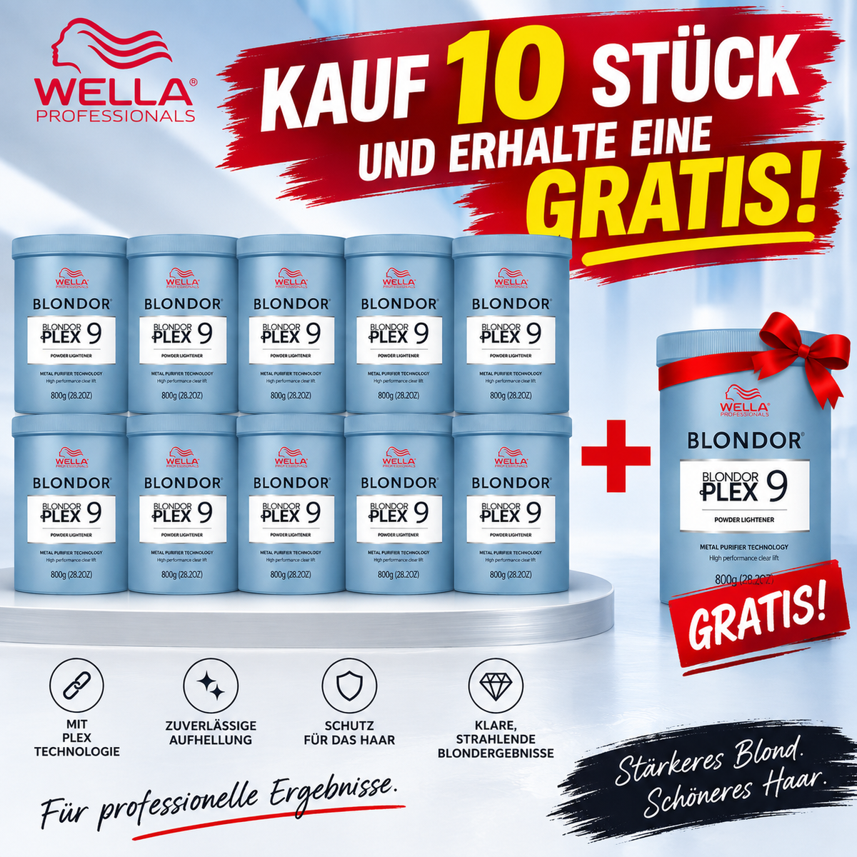 WELLA BLONDOR PLEX 9 – AKTION 

Kaufe 10× Wella Professionals Blondor Plex 9 Blondierung, je 800 g, und erhalte 1× 800 g GRATIS dazu! 🎁