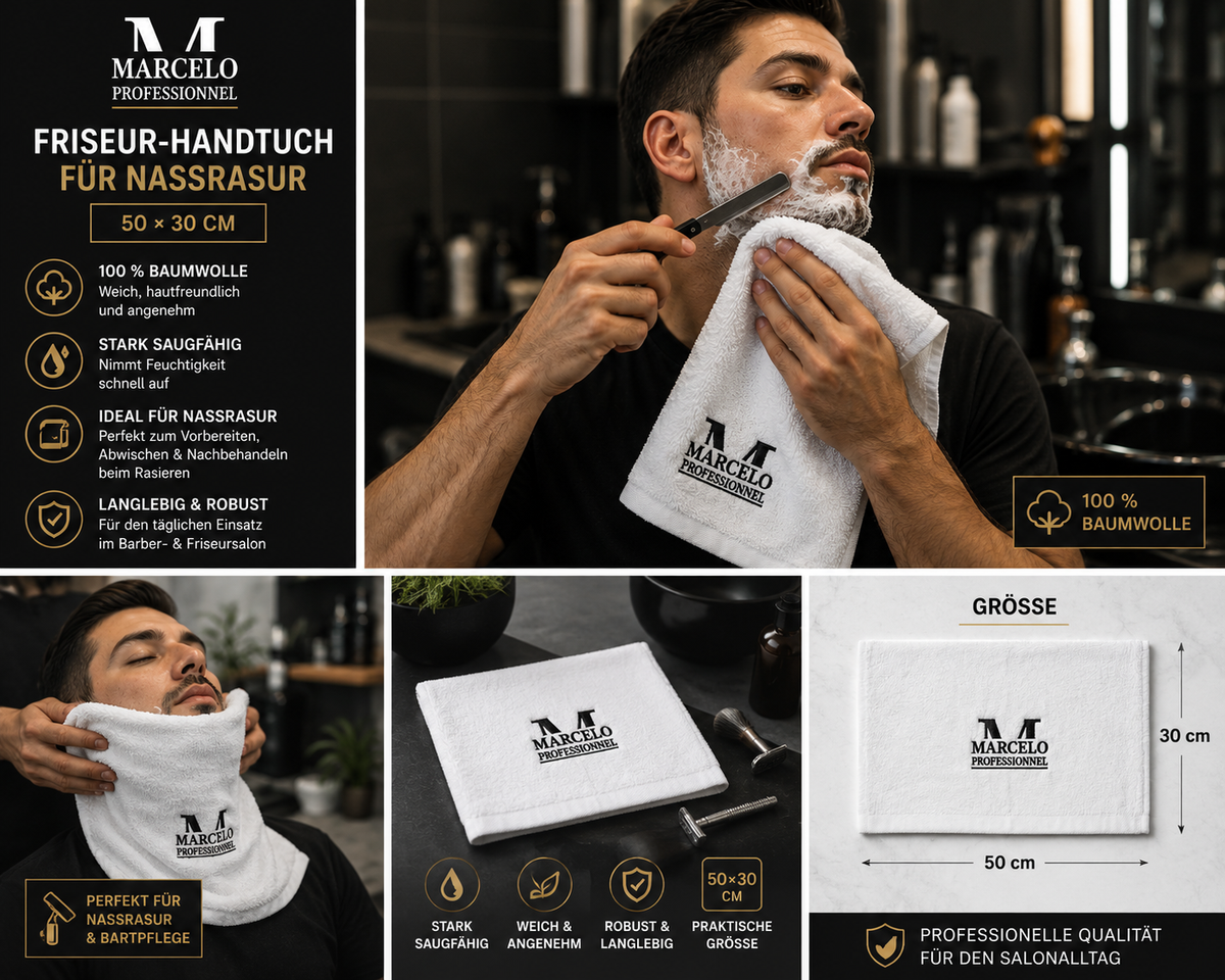 12x MARCELO PROFESSIONNEL – Friseur-Handtuch 50 × 30 cm 100 % Baumwolle
Rasurhandtuch für den täglichen Einsatz im Salon, Barbersh