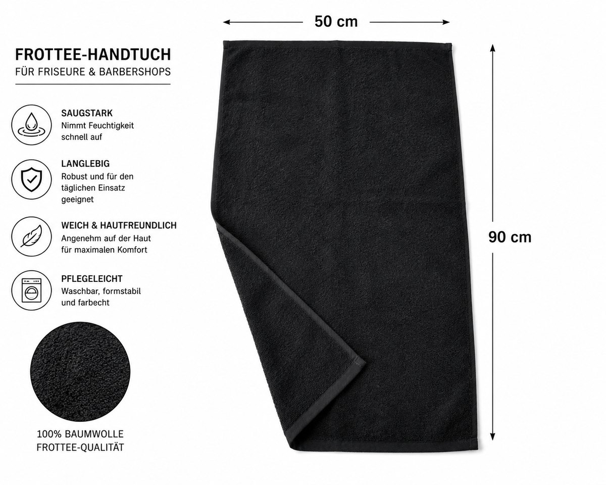 6x Schwarzes Frottee-Handtuch 50 × 90 cm – ideal für Friseure & Barbershops