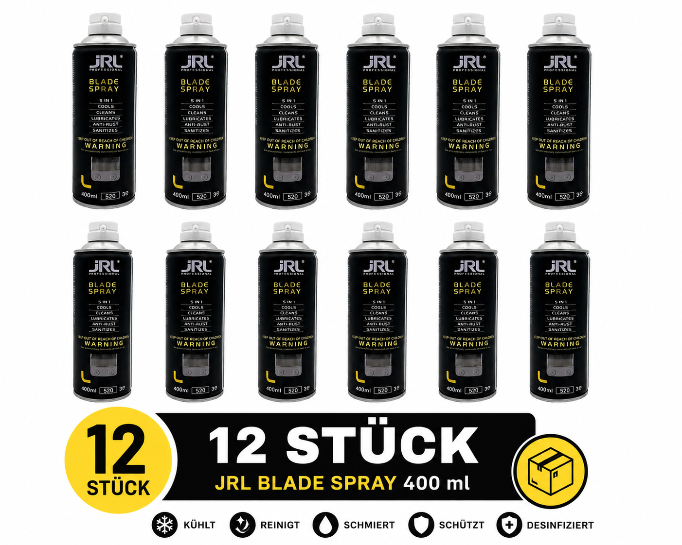 12x JRL 5-in-1 Cool Bladespray ist das Allround-Pflegespray für Profi-Clipper und -Trimmer — in einer einzigen Anwendung reinigt, kühlt, ölt, desinfiziert und schützt es die Klinge. 400 ml Inhalt reichen für hunderte Anwendungen.