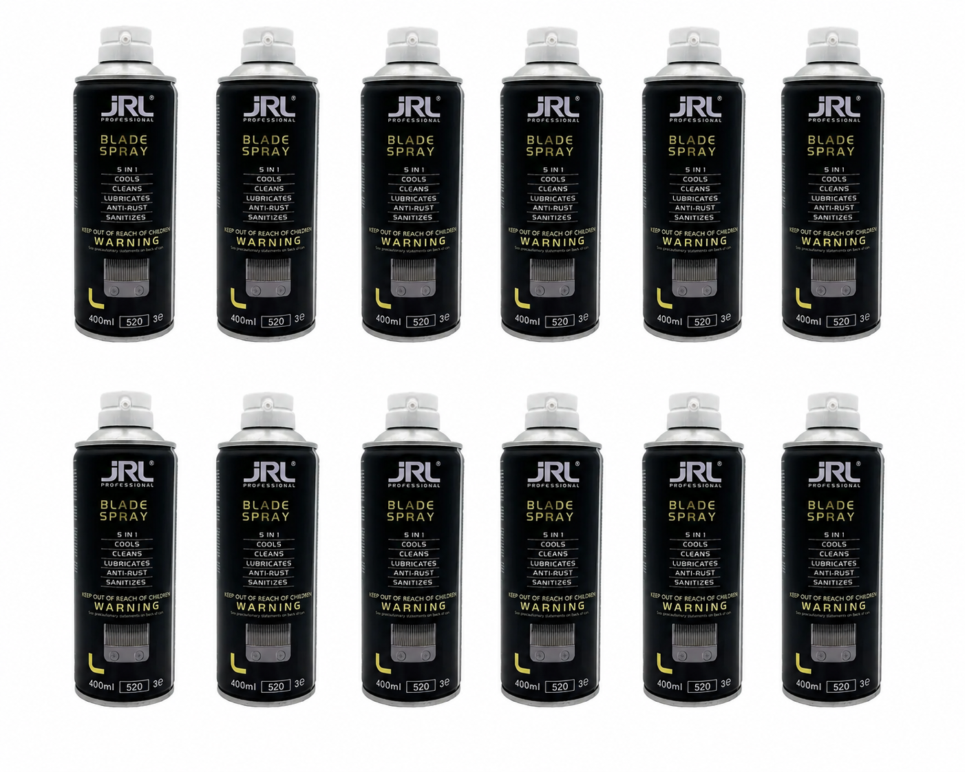 12x JRL 5-in-1 Cool Bladespray ist das Allround-Pflegespray für Profi-Clipper und -Trimmer — in einer einzigen Anwendung reinigt, kühlt, ölt, desinfiziert und schützt es die Klinge. 400 ml Inhalt reichen für hunderte Anwendungen.